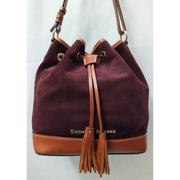 Dooney & Bourke Burgundy Suede Leather Drawstring Bucket Shoulder Bag - Picture 1 of 16